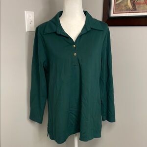 Chico's Green Long Sleeve Polo Shirt Collared Hunter Green Womens Size 2/Large